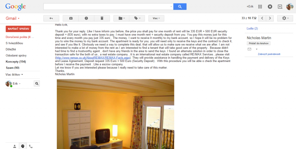Odpoveď na prvý e-mail o záujme o prenájom bytu 