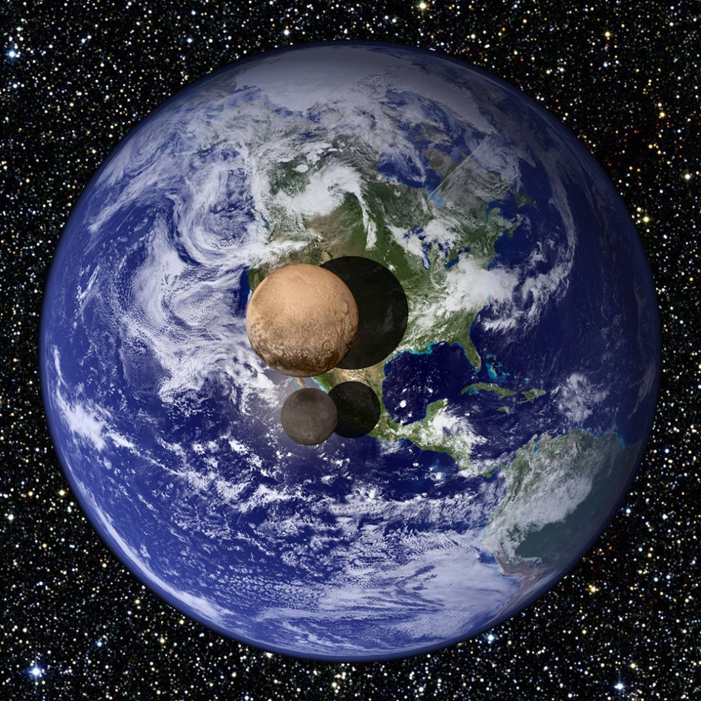 Pluto a Cháron v porovnaní so Zemou (foto: NASA)